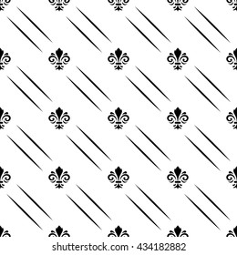 Seamless vector ornament. Modern geometric pattern with royal lilies. Black and white pattern