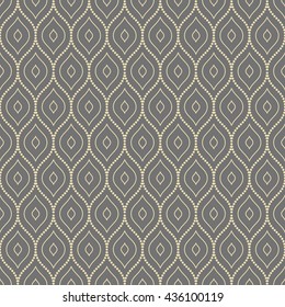Seamless vector ornament. Modern geometric pattern with repeating dotted wavy lines. Gray and golden pattern