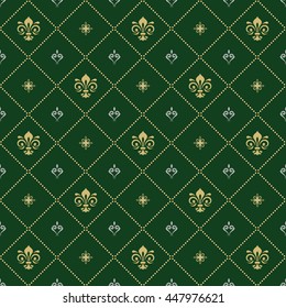 Seamless vector ornament. Modern geometric pattern with royal lilies. Green and golden pattern
