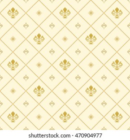 Seamless vector ornament. Modern geometric pattern with royal lilies. Golden and silver pattern