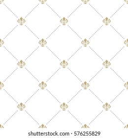 Seamless vector ornament. Modern geometric pattern with royal lilies. White and golden pattern