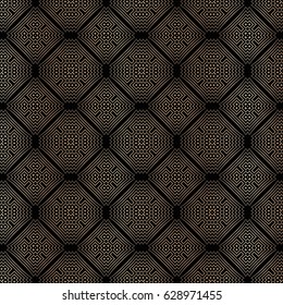 Seamless vector ornament. Modern geometric symmetrical pattern with repeating golden straight lined forming geometric shapes