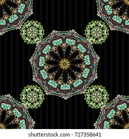 Seamless vector ornament. Modern geometric seamless pattern with gray and yellow repeating elements on a black background.