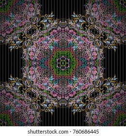 Seamless vector ornament. Modern geometric seamless pattern with green and blue repeating elements on a black background.