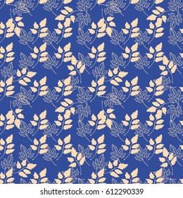 Seamless vector ornament with a pattern of twigs with leaves. Original modern background.