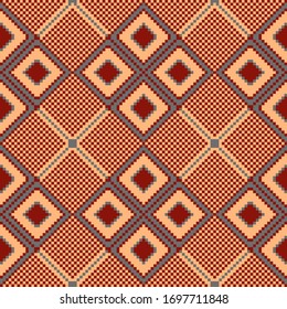 Seamless vector ornament in yellow-red color. 8-bit illustration of geometric texture. Ethnic background for video games and mobile applications. Pixel ornament in the old style.
