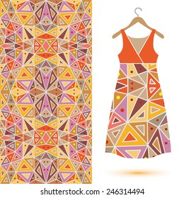 Seamless vector ornamental fashion pattern. Dress on a hanger