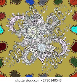 Seamless vector ornamental mandala with hand-drawn floral and paisley elements on golden background. Decorative ethnic pattern for wallpaper, fabric, wrapping and prints.