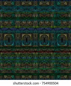 Seamless vector ornamental pattern with colorful points on dark background