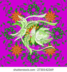 Padrão ornamental vetor sem costura com pássaro de fantasia, flores douradas e redemoinhos decorativos em fundo roxo brilhante. Design étnico vibrante para papel de parede, tecido, embalagem.