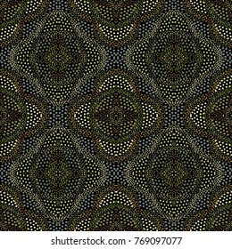 Seamless vector ornamental pattern with golden dots on black background