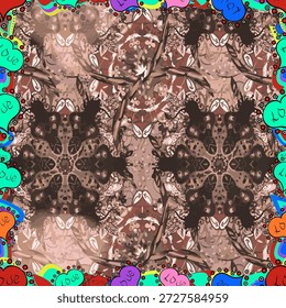 Seamless vector ornamental pattern with vintage floral symmetry and colorful decorative border. Artistic kaleidoscope texture for wallpaper, fabric, wrapping and design.