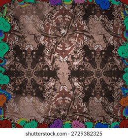 Seamless vector ornamental pattern with vintage floral symmetry and kaleidoscope effect on dark brown background. Decorative texture for wallpaper, fabric and wrapping.