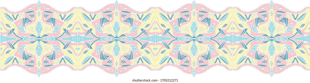 Tapa de encaje ornamentado sin fisuras en color turquesa, albaricoque, rosa y amarillo