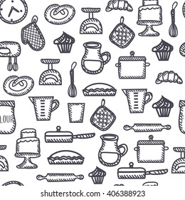 Seamless vector outline black and white pattern of illustration of funny cooking tools and elements set