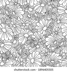 seamless vector outline floristic coloring with flowers, leaves, butterflies and bees