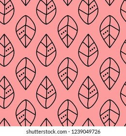 Seamless vector outline leaves pattern on pink backdrop. Design for wallpaper, fabric, textile, wrapping. Simple background