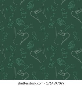 Seamless vector outline pattern and background with potted cacti and metal watering can.   For wrapping, fabric, wallpaper. On a dark background