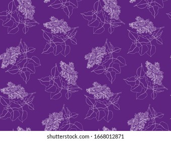 Diseño de contorno vectorial transparente con hermosas flores lilas. Rama de lila dibujada a mano con hojas. Para envolver, tela, papel pintado. Sobre un fondo morado oscuro