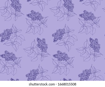 Seamless vector outline pattern with beautiful lilac flowers. Hand drawn lilac branch with leaves. For wrapping, fabric, wallpaper. 