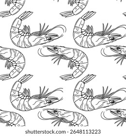 Seamless vector outline pattern of detailed hand-drawn shrimps, featuring intricate line art and a monochrome aesthetic, perfect for culinary or seafood-themed designs.