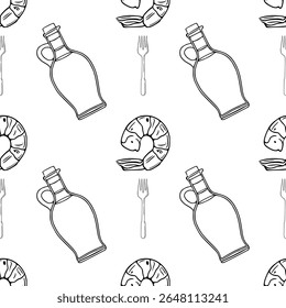 Seamless vector outline pattern featuring hand-drawn illustrations of grilled shrimp, olive oil bottle, and fork, creating a minimalist culinary design.