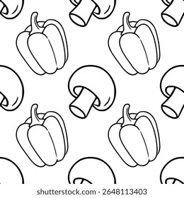 Padrão de contorno de vetor sem costura com ilustrações feitas à mão de pimentões e cogumelos, criando um design monocromático minimalista ideal para projetos com temas de cozinha.