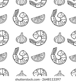 Seamless vector outline pattern of grilled shrimps, garlic cloves, and lemon slices, a stylish monochrome design for culinary or food-related projects.
