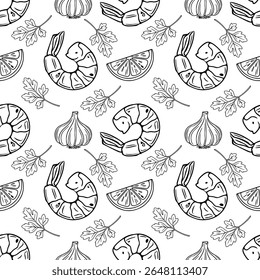 Padrão de contorno de vetor sem costura de camarão grelhado, fatias de limão, dentes de alho e raminhos de salsa, uma ilustração monocromática desenhada à mão perfeita para projetos culinários.