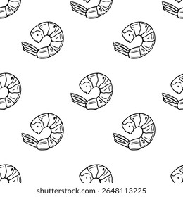 Seamless vector outline pattern of hand-drawn shrimps, black and white minimalist design, perfect for food packaging or restaurant menu.