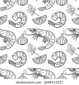 Padrão de contorno de vetor sem costura de camarões desenhados à mão, alho, fatias de limão e salsa, criando um design culinário monocromático elegante perfeito para embalagens de alimentos ou menus de restaurantes.