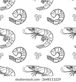 Padrão de contorno de vetor sem costura de camarões desenhados à mão e pimentas, apresentando ilustrações detalhadas de camarões inteiros e enrolados em um estilo monocromático, adequado para culinária ou frutos do mar temático