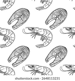 Seamless vector outline pattern of hand-drawn shrimps and salmon steaks, a stylish black and white illustration perfect for seafood restaurant menus or culinary designs.