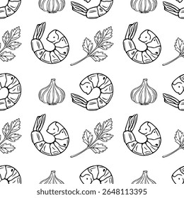 Padrão de contorno de vetor sem costura de camarões grelhados desenhados à mão, dentes de alho e raminhos de salsa, criando um design culinário monocromático ideal para embalagens de alimentos ou menus de restaurantes.