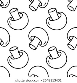 Seamless vector outline pattern of hand-drawn monochrome mushrooms, featuring a playful, minimalist style ideal for kitchenware design or food-related projects.