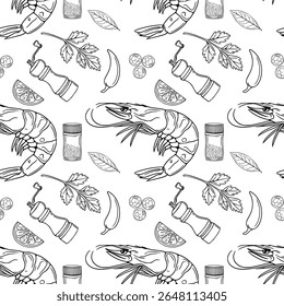 Padrão de contorno de vetor sem costura com ilustrações feitas à mão de camarões grelhados, moedor de pimenta, salsa, pimenta chili, pimenta, pimenta e fatias de limão, criando um design com tema culinário.