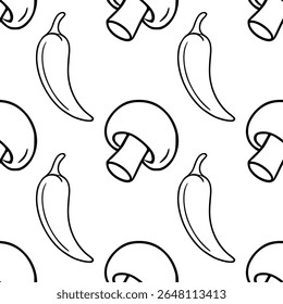 Seamless vector outline pattern with hand-drawn outline illustrations of mushrooms and chili peppers, creating a minimalist monochrome design ideal for culinary or kitchen-themed projects.