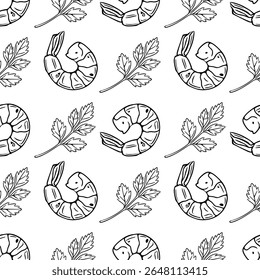Padrão de contorno de vetor sem costura de camarões grelhados desenhados à mão e raminhos de salsa, criando um design culinário monocromático elegante perfeito para embalagens de alimentos ou menus de restaurante.