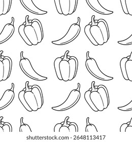 Seamless vector outline pattern of hand-drawn bell peppers and chili peppers in a minimalist black and white line art style, perfect for kitchen decor or food-related designs.