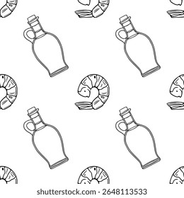 Seamless vector outline pattern with hand-drawn illustrations of shrimp and olive oil bottles, featuring a minimalist black and white line art style, perfect for culinary or Mediterranean-themed