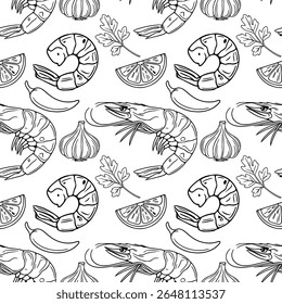 Vetor sem emenda padrão de contorno de camarões desenhados à mão, alho, pimenta chili, fatias de limão e salsa, criando um design culinário monocromático elegante perfeito para embalagem de alimentos ou menus de restaurante.