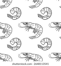 Padrão de contorno de vetor sem costura com ilustrações em preto e branco desenhadas à mão de camarões em várias posições, criando um design elegante e detalhado perfeito para projetos culinários ou com temática de frutos do mar.