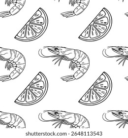 Padrão de contorno de vetor sem costura de camarões desenhados à mão e fatias de limão, uma ilustração em preto e branco elegante perfeita para projetos culinários ou marca de restaurante de frutos do mar.