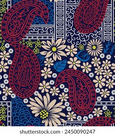seamless vector paisley motif pattern on navy