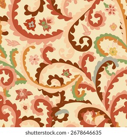 Seamless vector paisley ornament pattern with floral details on beige background in warm decorative style, great for fabric and wallpaper.