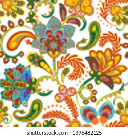 Seamless vector paisley pattern. Bright orange blue on white