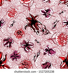 Seamless vector paisley pattern. Illustration of garden flowers. Floral design to create fabrics, textiles. Vintage