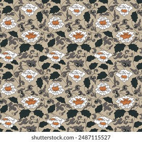 seamless vector paisley pattern and leaves pattern on brown