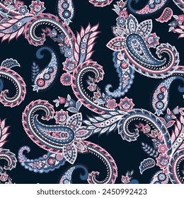 seamless vector paisley pattern on navy background, vintage wallpaper design, ethnic style