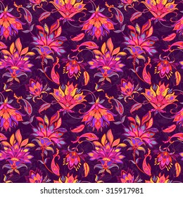 seamless vector paisley pattern. very detailed traditional ethnic elements, floral and ornamental. spicy colors. decorative flowers, swirls, curves, Asian motifs, for fashion, interior, stationery